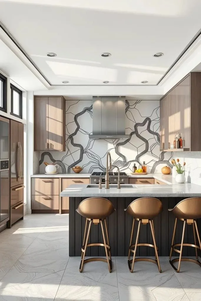 Black-and-white graphic illustration backsplash ideas for modern kitchens