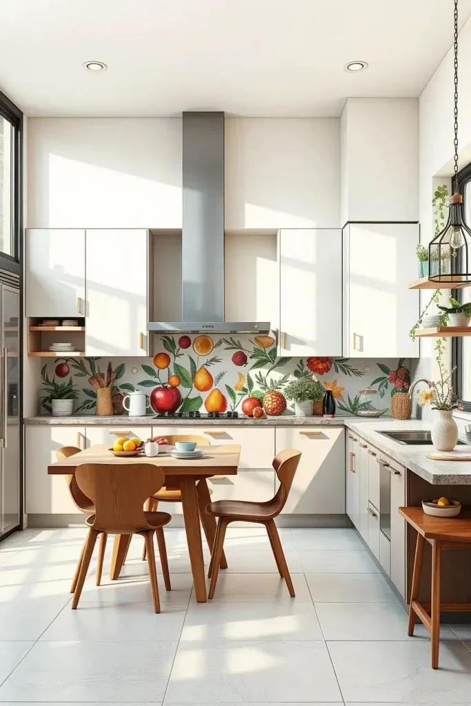 Colorful fruit and herb illustration backsplash design for a lively kitchen