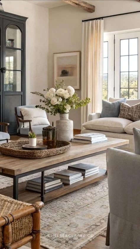 Neutral Modern Cottage Living Room Inspo Stylish neutral modern cottage living room with cozy decor and design elements.