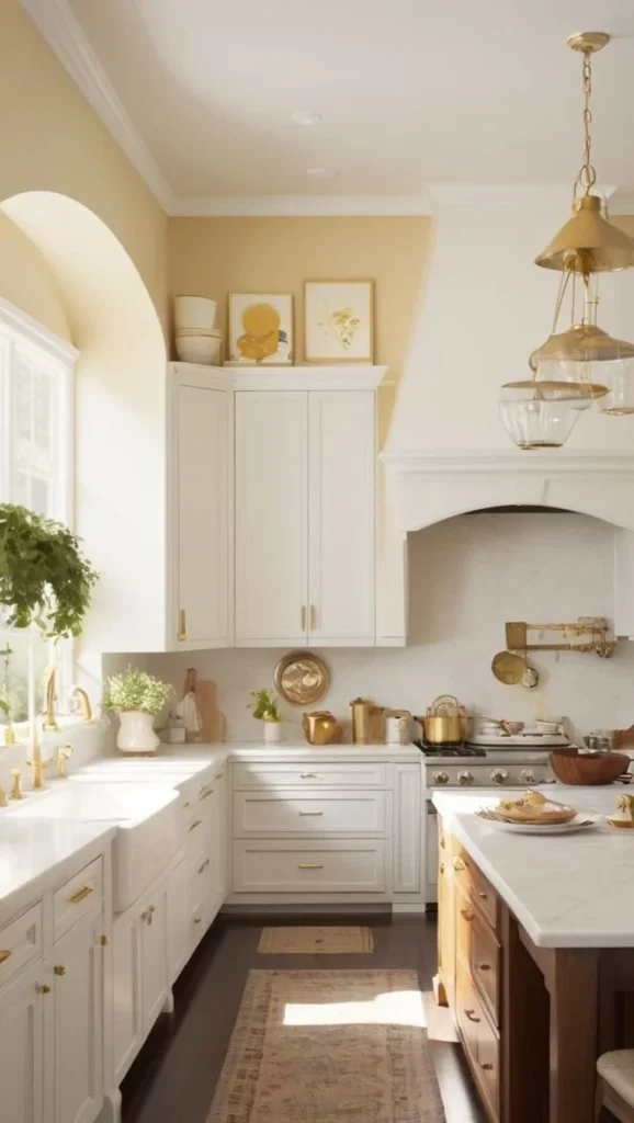 Modern white and gold kitchen with stylish decor and elegant finishes.
