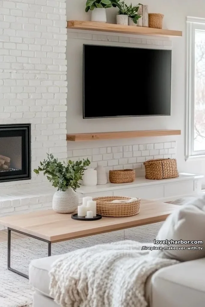 Modern living room with stylish fireplace makeover and integrated TV.