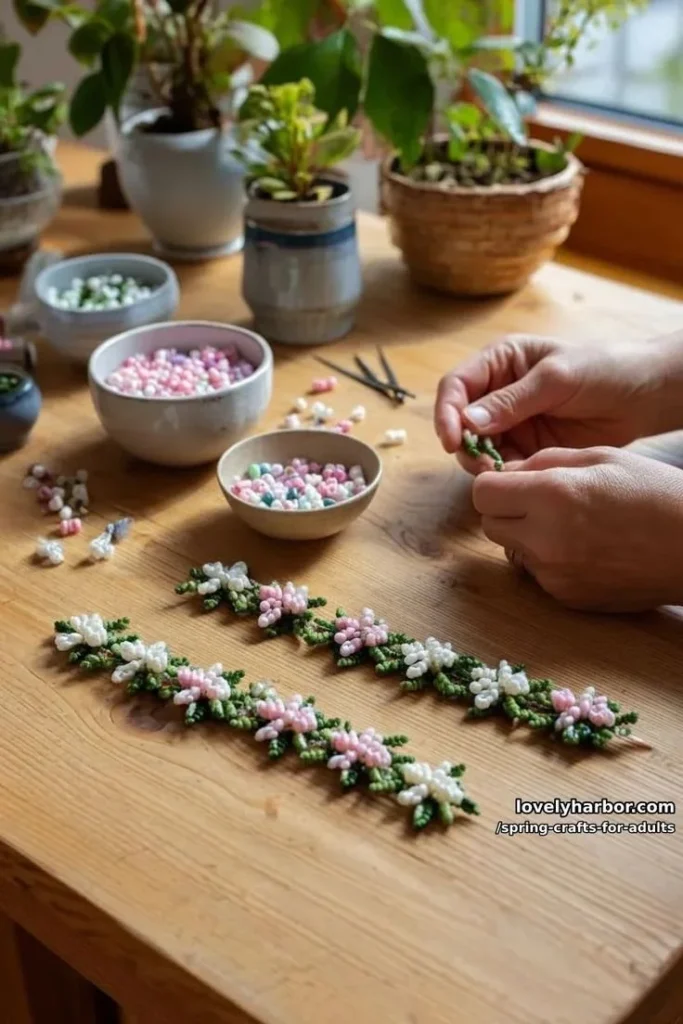Adults creating fun spring crafts with colorful materials