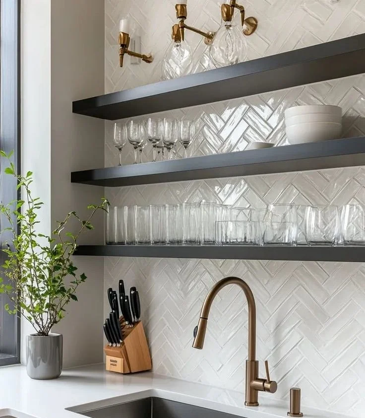 Stylish herringbone backsplash in a modern kitchen design
