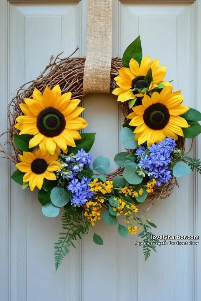 Colorful spring wreaths for a charming front door entryway decoration.
