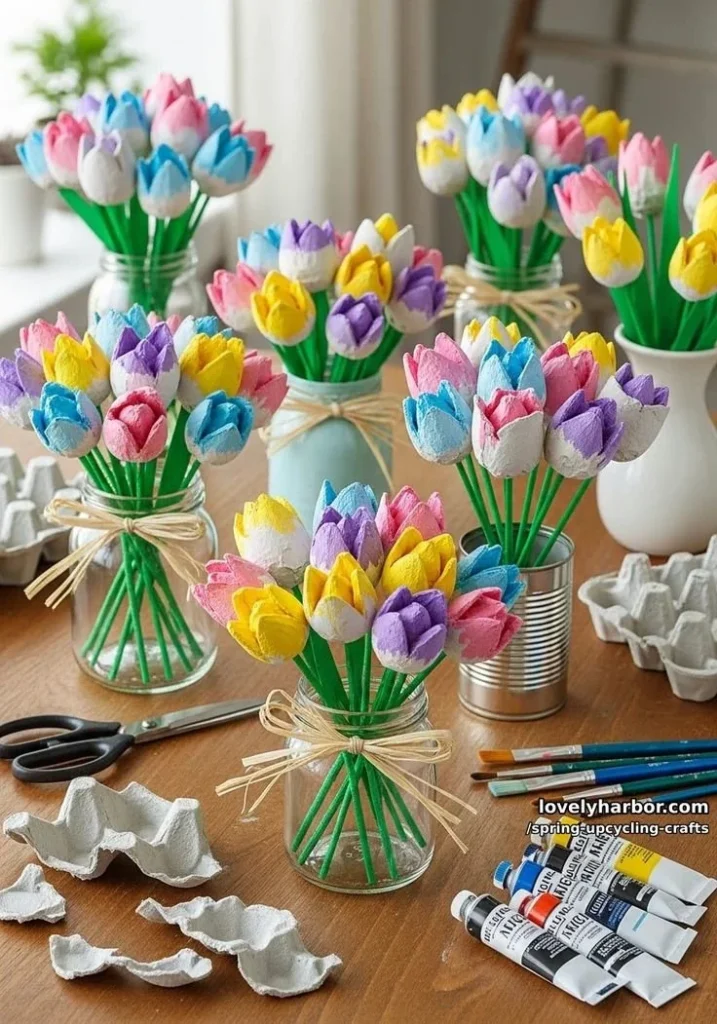 Colorful egg carton tulip bouquets made from upcycling crafts for spring decor