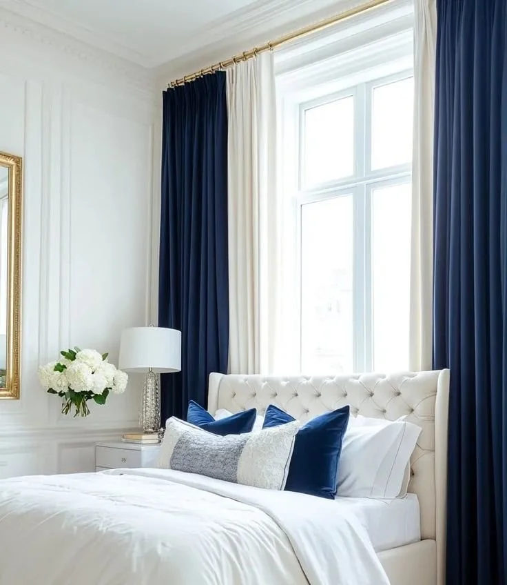 21 Navy Blue Bedroom Ideas with Luxe Drapes and Light Wood Floors Stylish navy blue bedroom with luxe drapes and light wood floors