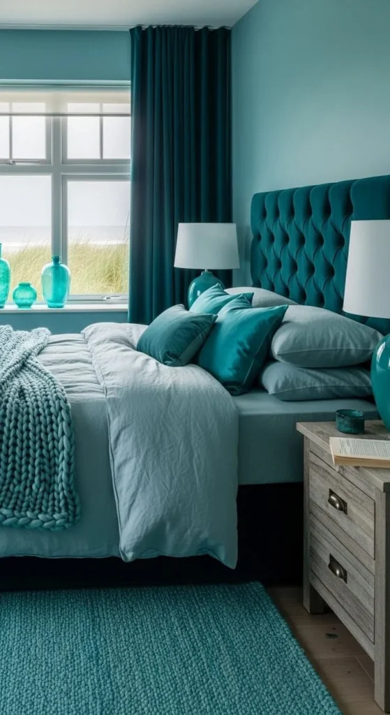 Aqua bedroom design showcasing calming decor and soothing color palette.