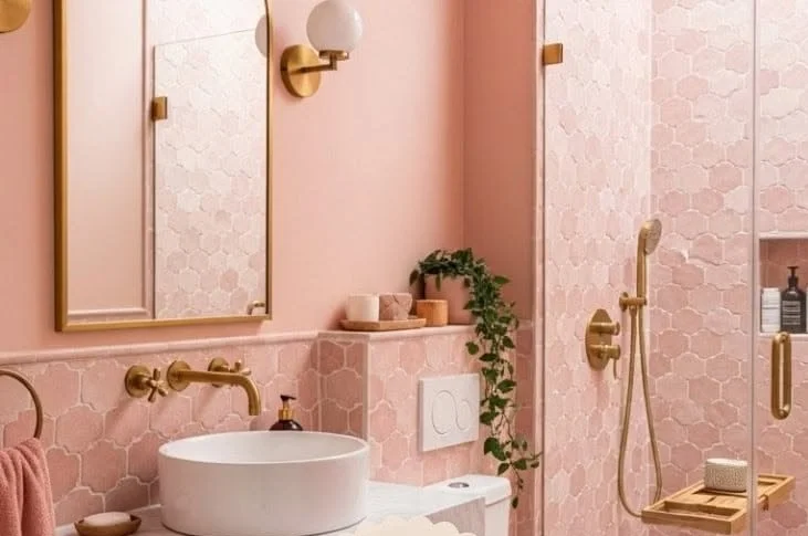 Baby pink bathroom design featuring soft decor and elegant fixtures