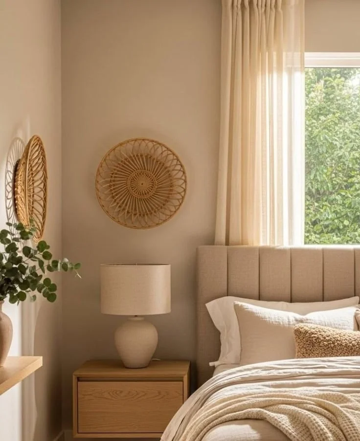 Cozy light beige bedroom showcasing elegant design and natural light.