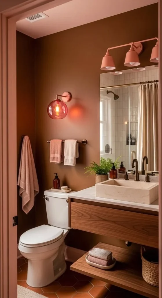 Stylish pink and brown bathroom design ideas showcasing earthy tones