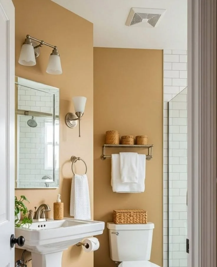 Organized small bathroom with storage solutions for neatness and space-saving.