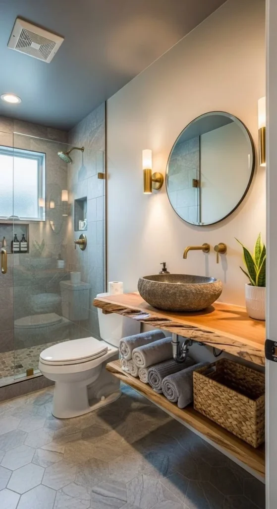 Stylish small half bathroom with clever design ideas and efficient use of space.