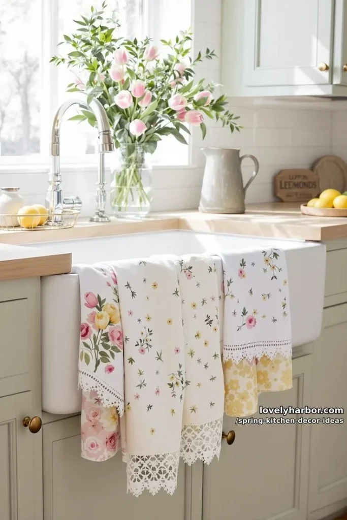 Colorful floral dish towels for spring kitchen decor inspiration.