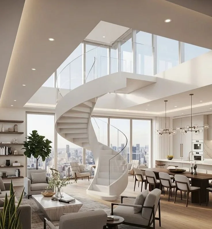 29 Penthouse Apartment Interior Ideas with Sculptural Spiral Staircases Elegant penthouse interior design with sculptural spiral staircase