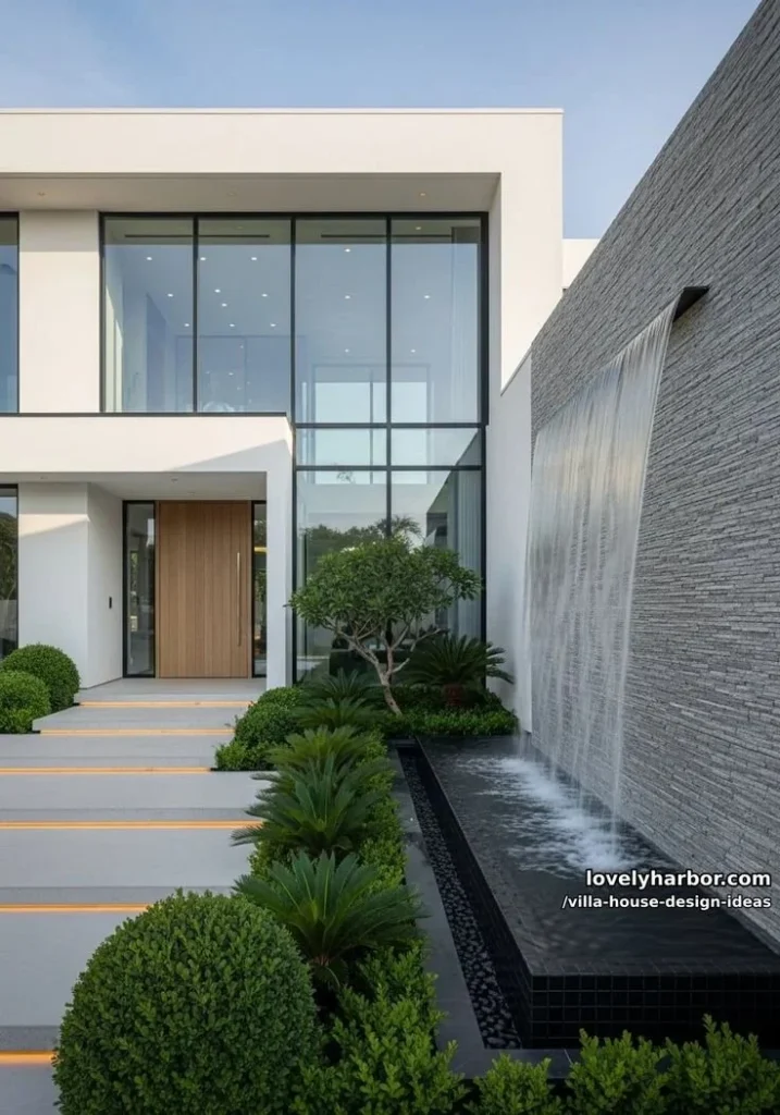 29 Villa House Design Ideas with Stunning Water Feature Walls Villa house design featuring stunning water feature walls in a luxurious environment.