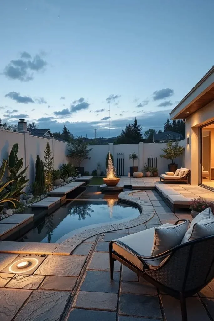 Beautiful back patio ideas showcasing water features and reflective designs.