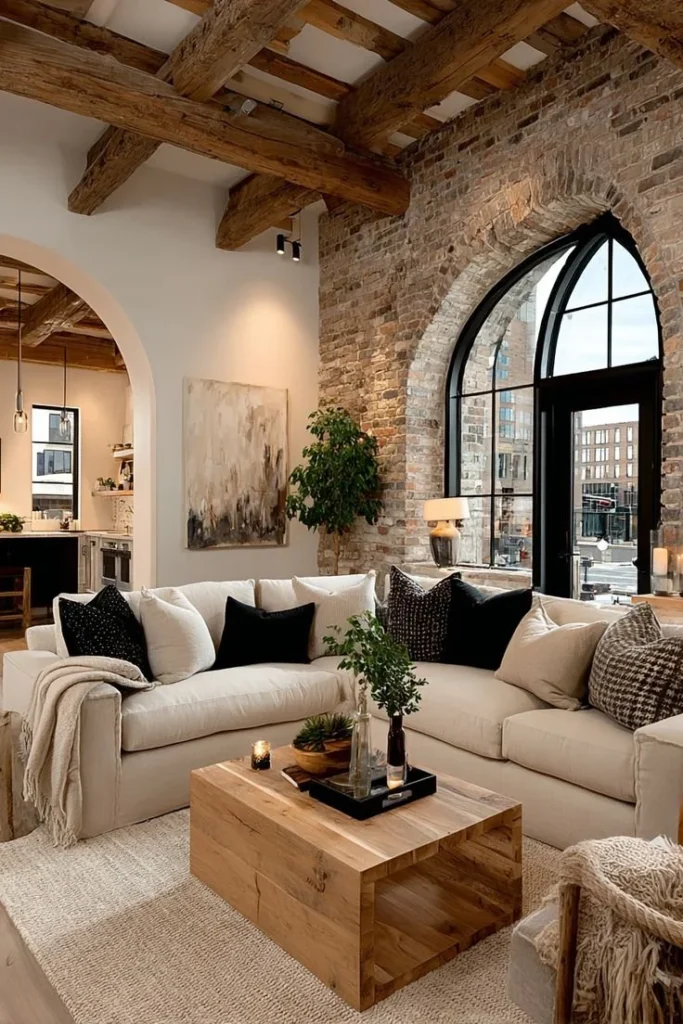 Elegant beige sofa with plush cushions in a glam living room setting.