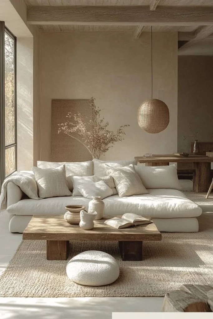 Bright living room showcasing a white couch paired with stylish wood accents.