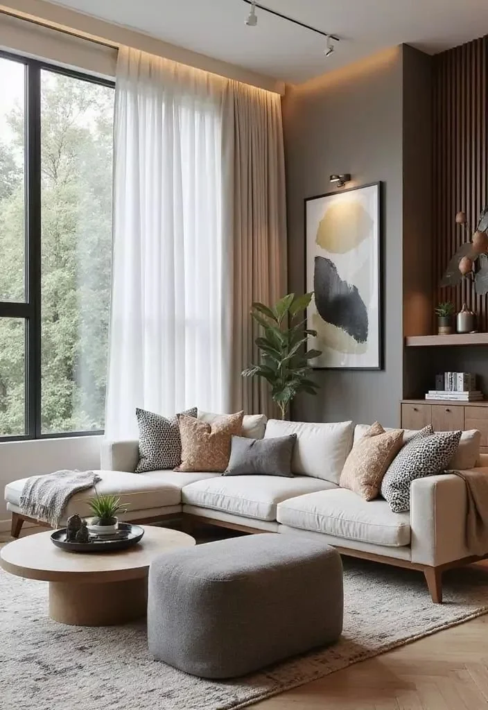 Bright modern living room featuring white drapes and contemporary furniture.