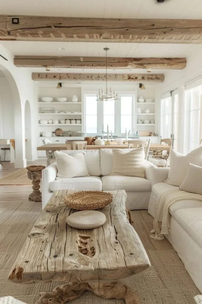Bright white and wood coastal living room interior design with nautical accents