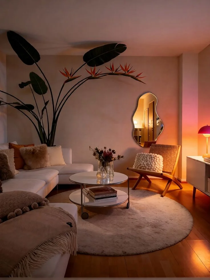 Chic Living Room with a stylish statement mirror reflecting elegance and sophistication.