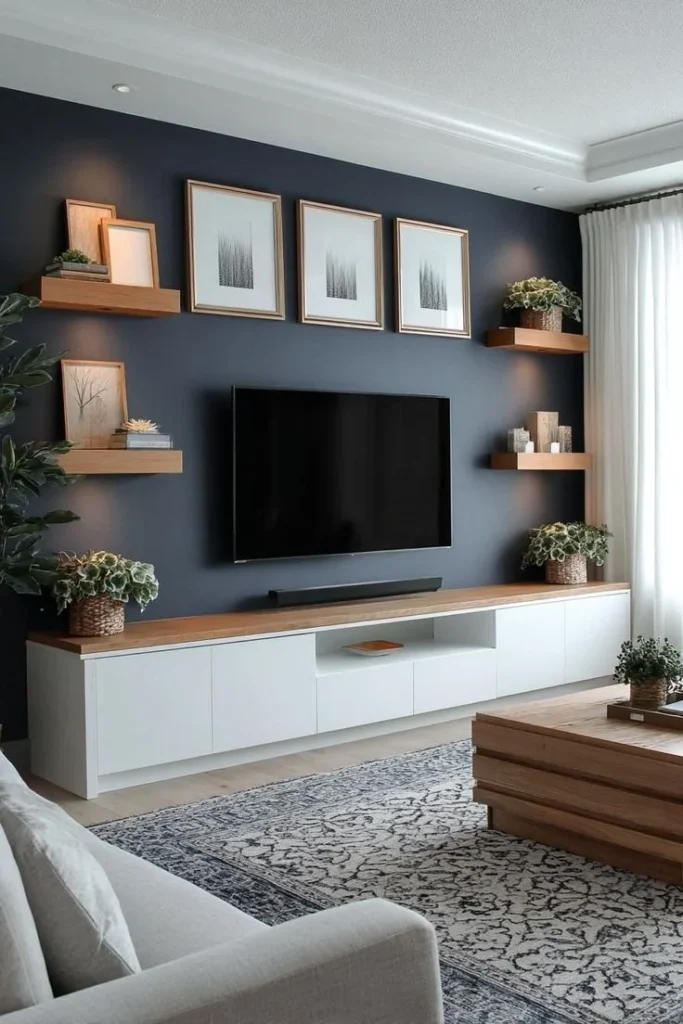 Chic TV Wall Design With Cabinet & Shelves Chic TV wall design with stylish cabinet and shelves for modern interiors.