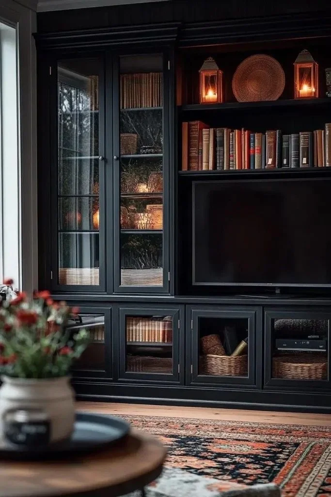Cozy dark media room featuring a television, fire, and glowing fireplace.