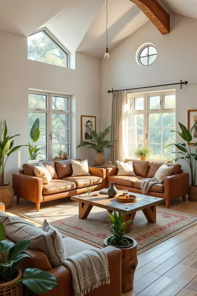 Cozy leather modern living room design showcasing stylish furniture and decor