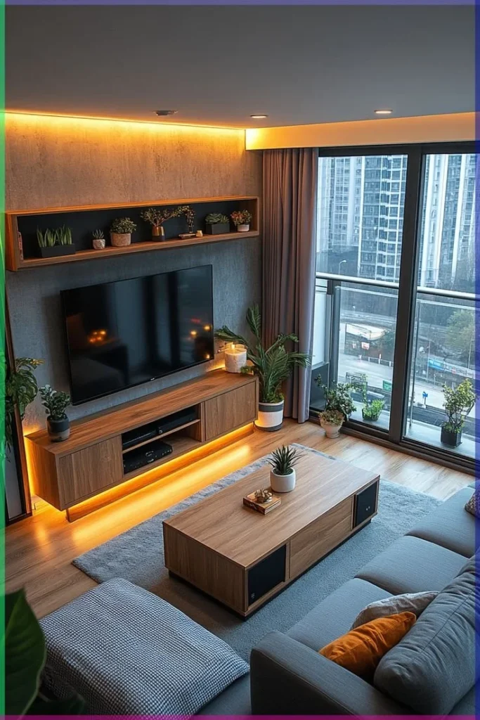 Stylish modern TV console in a cozy living room setting