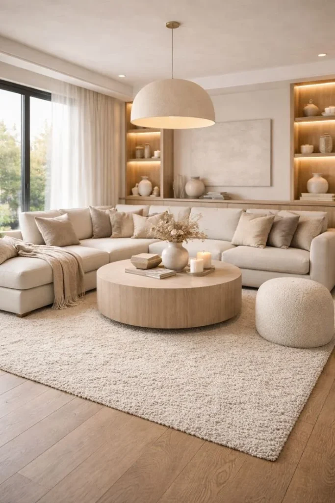 Cozy living room featuring a white rug over beautiful hardwood floors