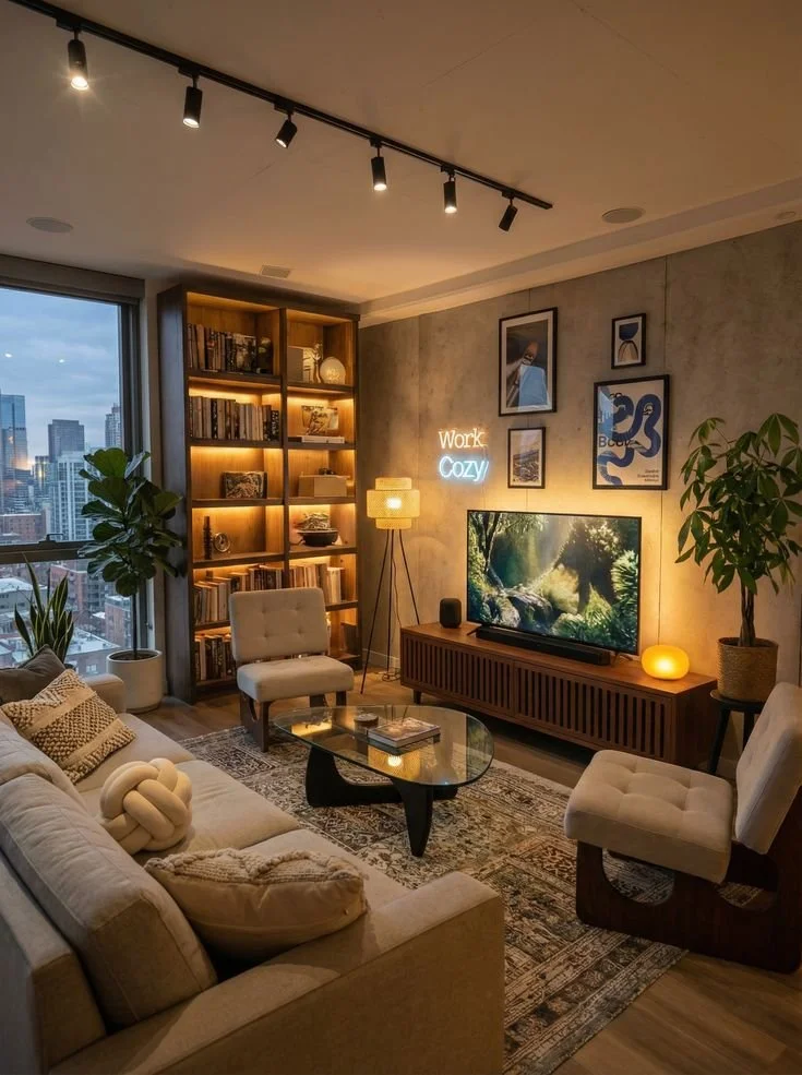 Cozy living room with TV elegantly displayed on a wood shelf
