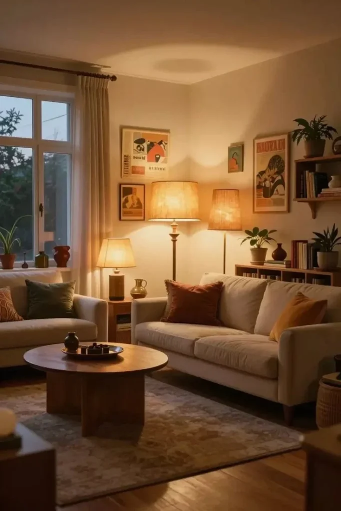 Cozy Living Room with Warm Drum Lamps Cozy living room with warm drum lamps creating a welcoming atmosphere.