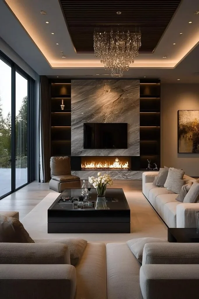 Cozy loft living room design with a central fireplace, inviting and stylish.
