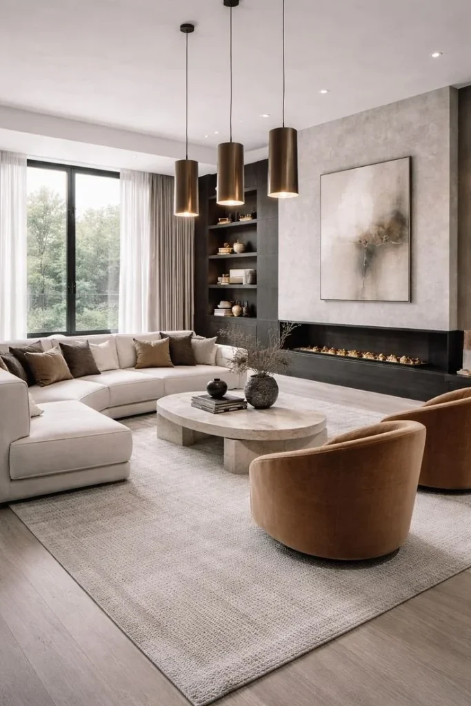 Cozy Modern Living Room with Fireplace and Windows Cozy modern living room with fireplace and large windows showcasing comfort and style.