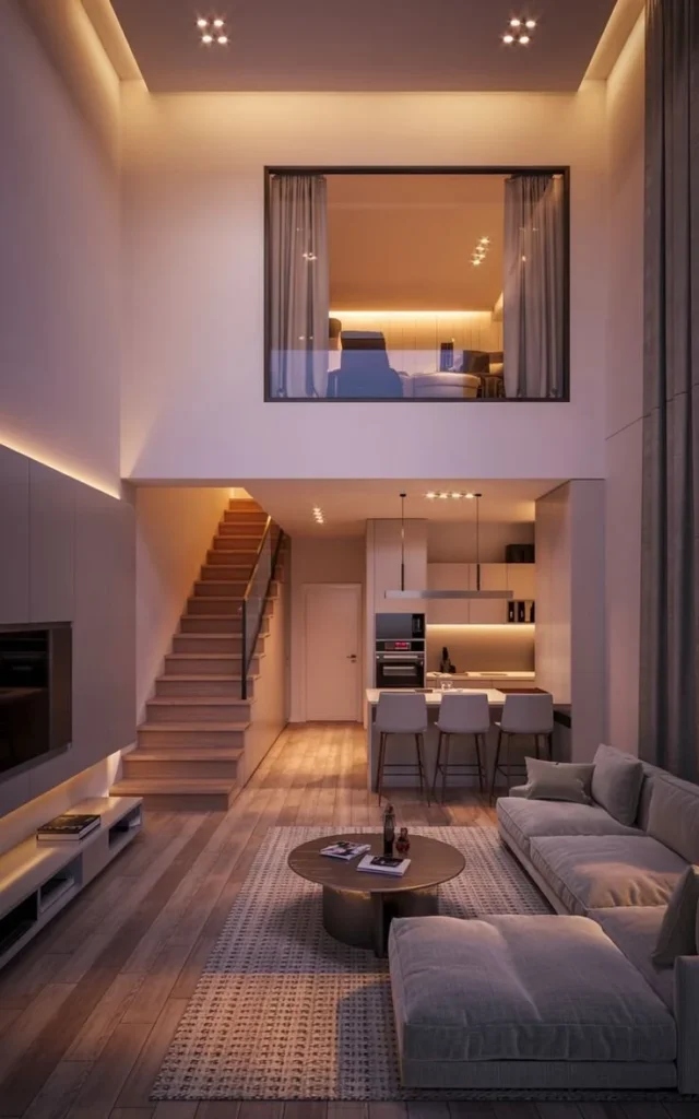 Cozy Modern Loft Living Room with Fire Place Cozy modern loft living room with a fireplace creating a warm atmosphere.