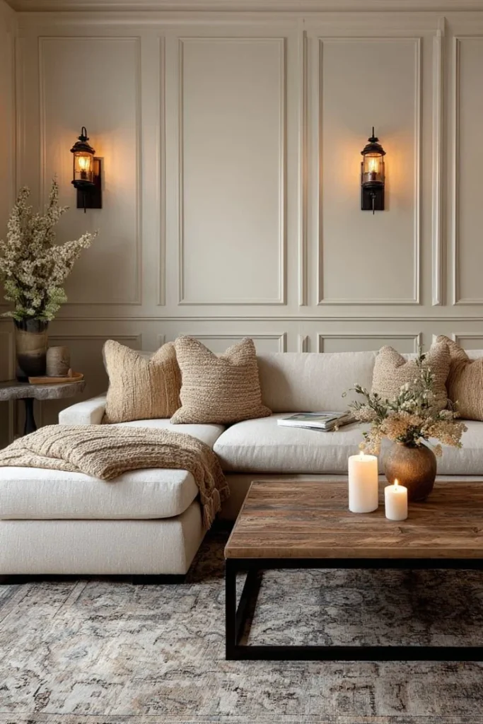 Cozy spa-style living room adorned with calming candles for a peaceful ambiance.
