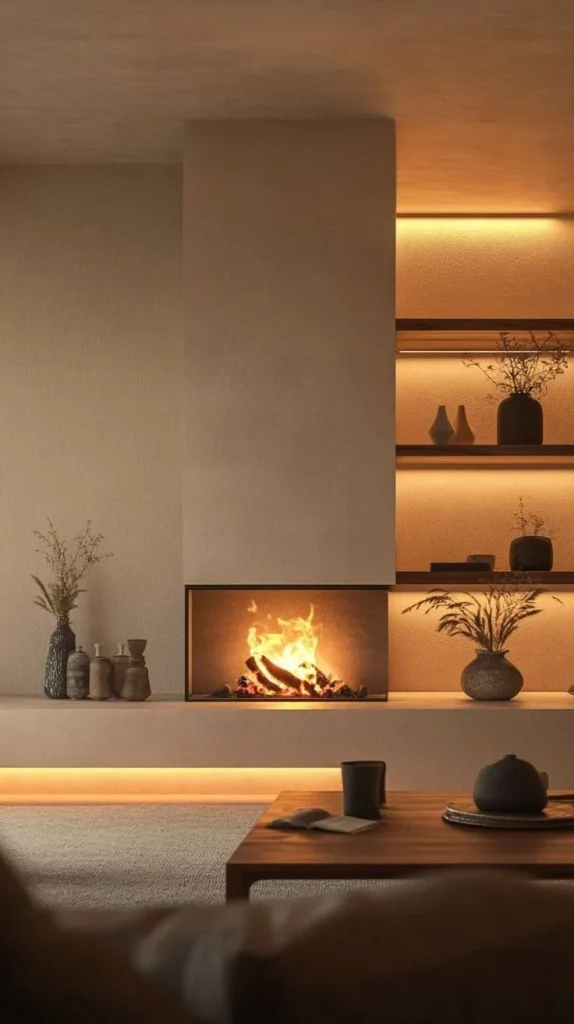 Cozy modern open design wood-burning fireplace in a stylish living room