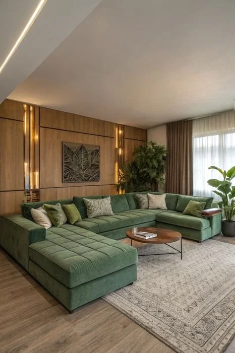 Cozy green living room oasis with wood accents and inviting decor.