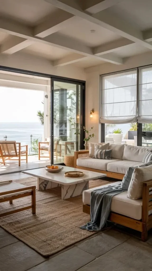 Stylish indoor outdoor living room with sliding doors and modern fireplace design.