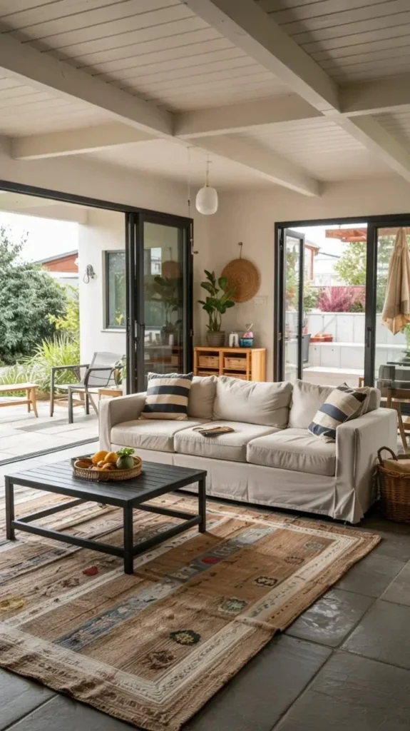 Stunning indoor outdoor living room featuring modern design, sliding doors, and a cozy fireplace.