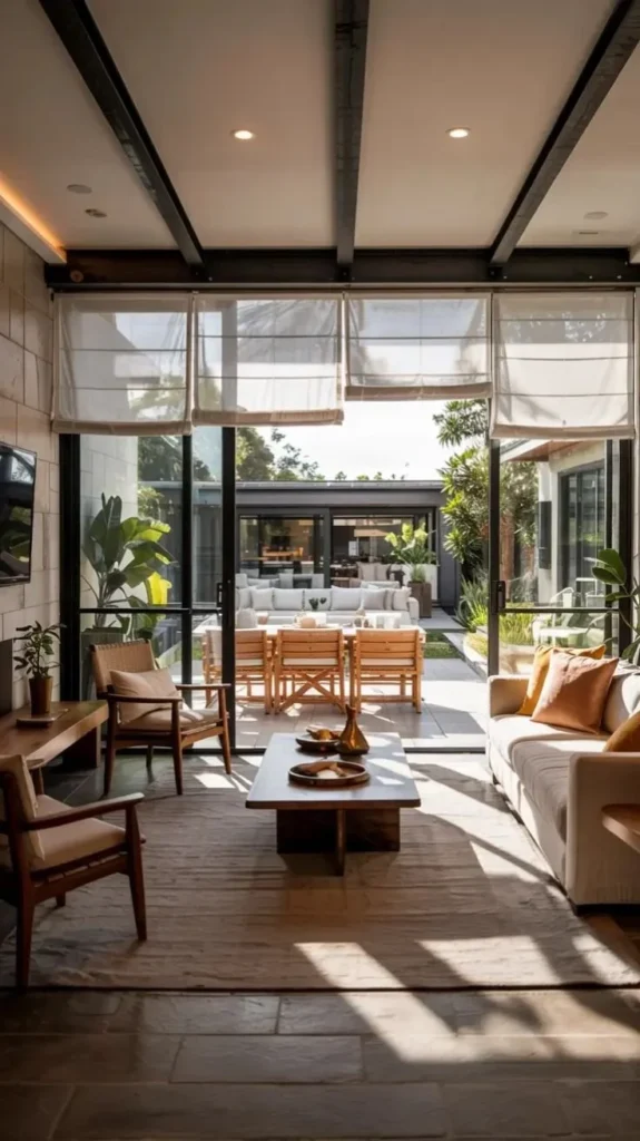 Modern indoor outdoor living room design with sliding doors and a fireplace