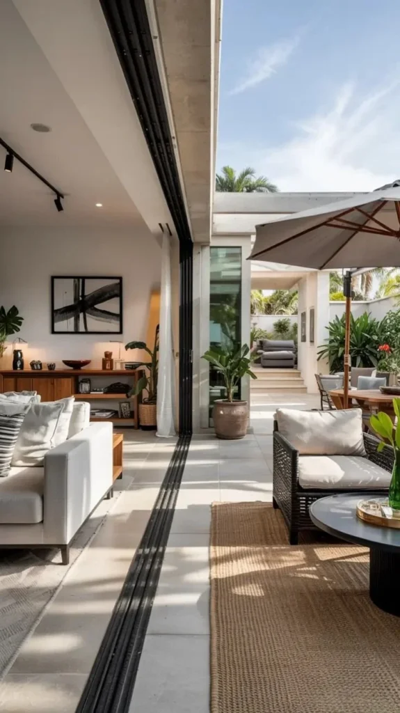 Stylish indoor outdoor living room featuring sliding doors, a fireplace, and modern decor.
