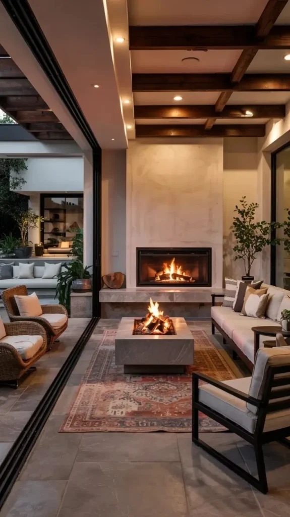 Indoor Outdoor Living Room 2026 Ideas With Sliding Doors, Fireplace And Modern Design Modern indoor outdoor living room with sliding doors and fireplace design ideas for 2026.
