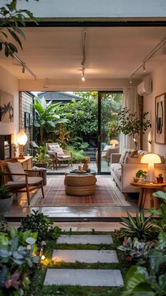 Indoor outdoor living room design open to a vibrant garden for a seamless experience.
