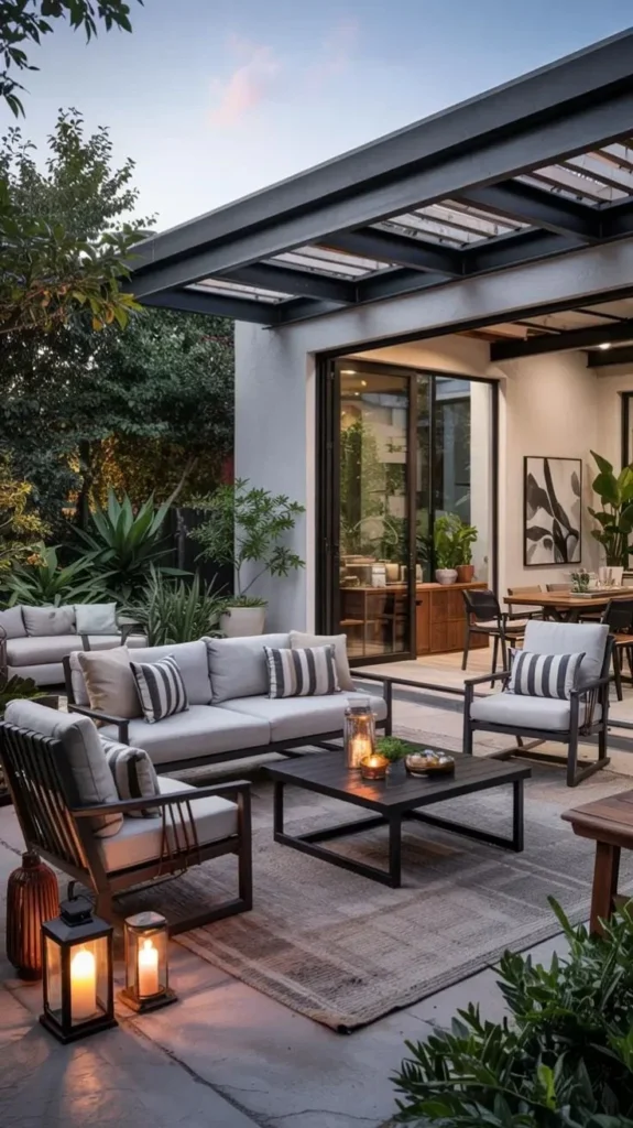 Stylish indoor outdoor living room design opening to a beautiful patio.