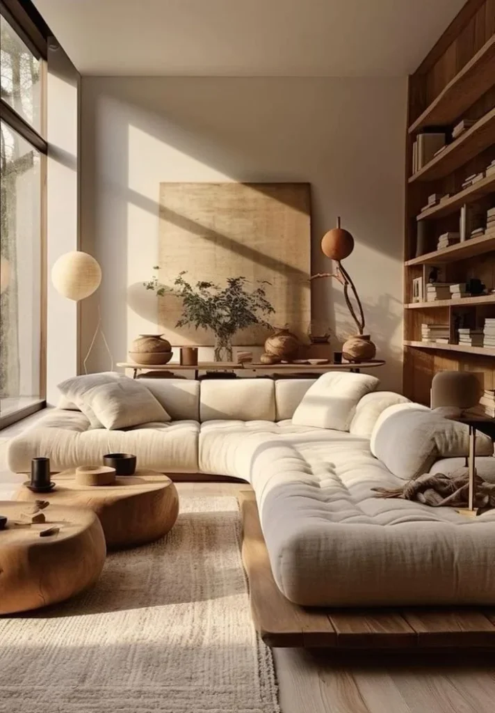 Intellectual living room showcasing aesthetic tech fusion with modern decor and gadgets.