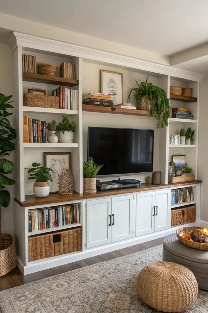 Lush living room TV shelves adorned with plants for a stylish and vibrant decor.