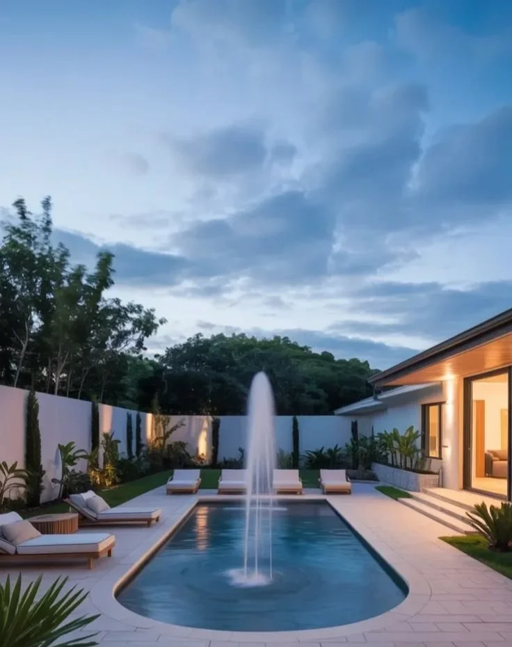 Luxury back patio design with pool fountain and lounge chairs for modern outdoor living
