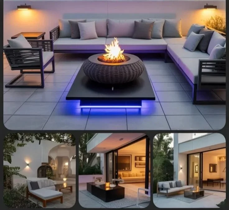 Modern back patio design featuring outdoor sofa seating, fire pit, and LED lighting