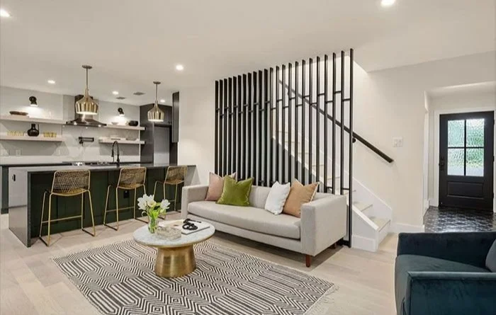 Before and after images of a modern home makeover highlighting design changes